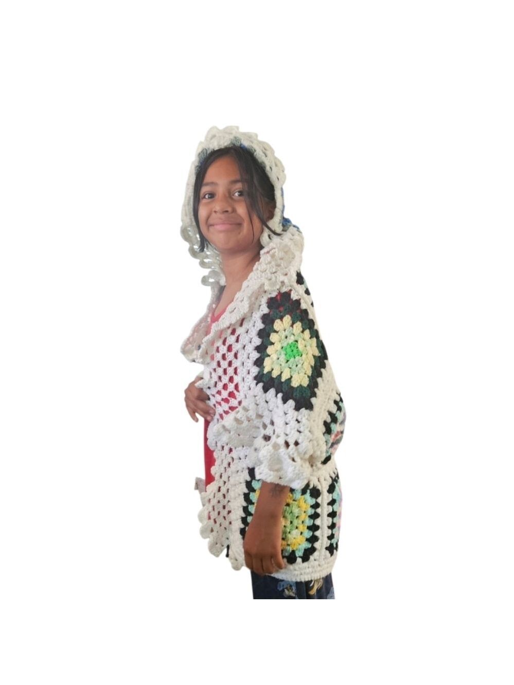 Hand Crafted Crochet Granny Square Cardigan open front Hooded Colorfull Sweater - Picture 12 of 17